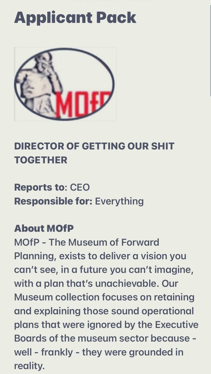 MOfP2021's tweet photo. Apply Now!
Our new Director of Getting Shit Together is an amazing role!
Be the one person everyone hopes can save us. All on your own! #MuseumJobs
#CompetitiveSalary https://t.co/pEy0HdfSGV
