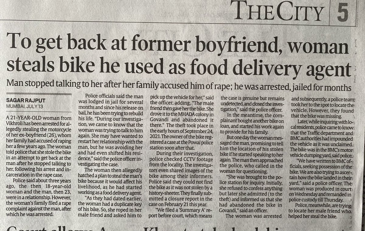 "Talk to me if you want your bike,”a woman's attempt to reach out to her ex-boyfriend landed her in jail. Few years ago,a rape complaint by her family led to his arrest. He later became a food delivery agent to earn;she stole his bike when he thwarted her attempt for relationship