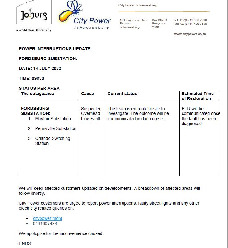 CityPowerJhb's tweet photo. #OutageUpdate 

We're aware of an unplanned power interruption affecting #MayfairSub #PennyvilleSub &amp; #OrlandoSwitchingStation

^DR https://t.co/eIIcM66kzf