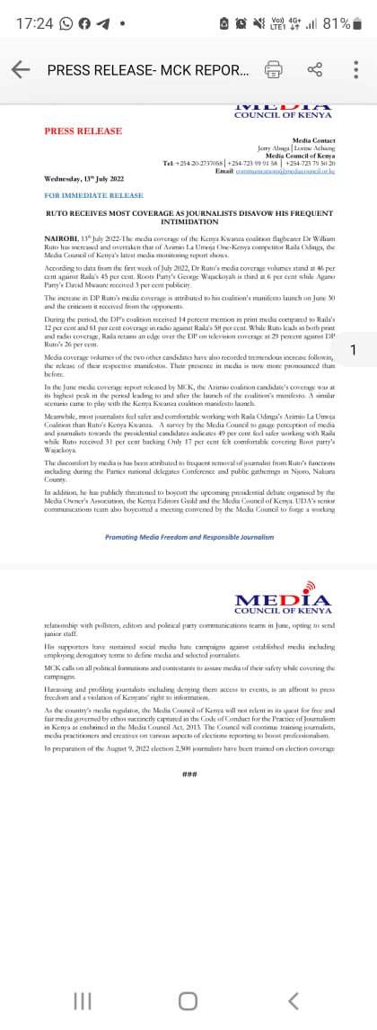 EmmanuelTalam's tweet photo. The Media Council confirms it supports @RailaOdinga for president. Fair enough. But you can't have @WilliamsRuto for the presidential debate to sanitize your candidate. Have a field day with him. We are ok with the people @OleItumbi https://t.co/qu6AkFzRJC