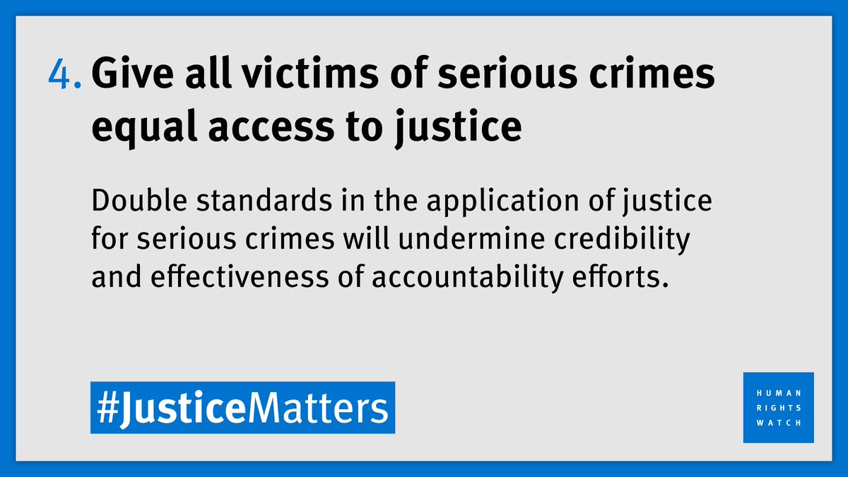 hrw's tweet photo. 4️⃣GIVE ALL VICTIMS OF GRAVE INTERNATIONAL CRIMES EQUAL ACCESS TO JUSTICE

Governments should pursue and support justice for grave crimes, regardless of where they take place.

#InternationalJusticeDay #JusticeMatters #NGOVoices https://t.co/n5EcxgBQLX