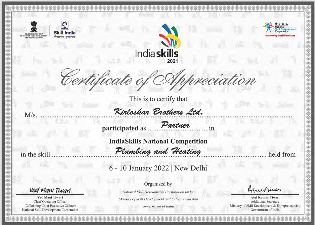 WMPSkillCouncil's tweet photo. Thank You Kirloskar Brothers Ltd. for being our Skill Partner for Plumbing & Heating India Skills National Competition, organized by WMPSC.
#INDUSTRY #skill #skillindia #plumbingandheating #wmpsc #partnership #cetificate #appreciationpost https://t.co/CXXfhPX2Gt