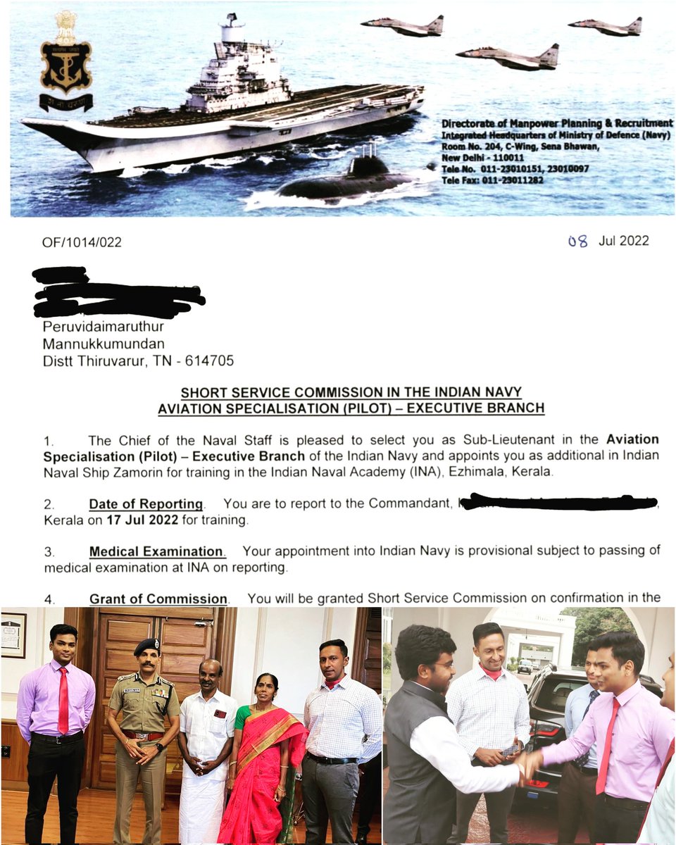 To receive an order from Indian Navy as officer is big achievement. But a bigger achievement is to study in Tamil medium from a remote village called peruvidaimarudur and get appointment order in that address as 1 among 2 Naval aviators in  India.Proud to train him @rajbhavan_tn
