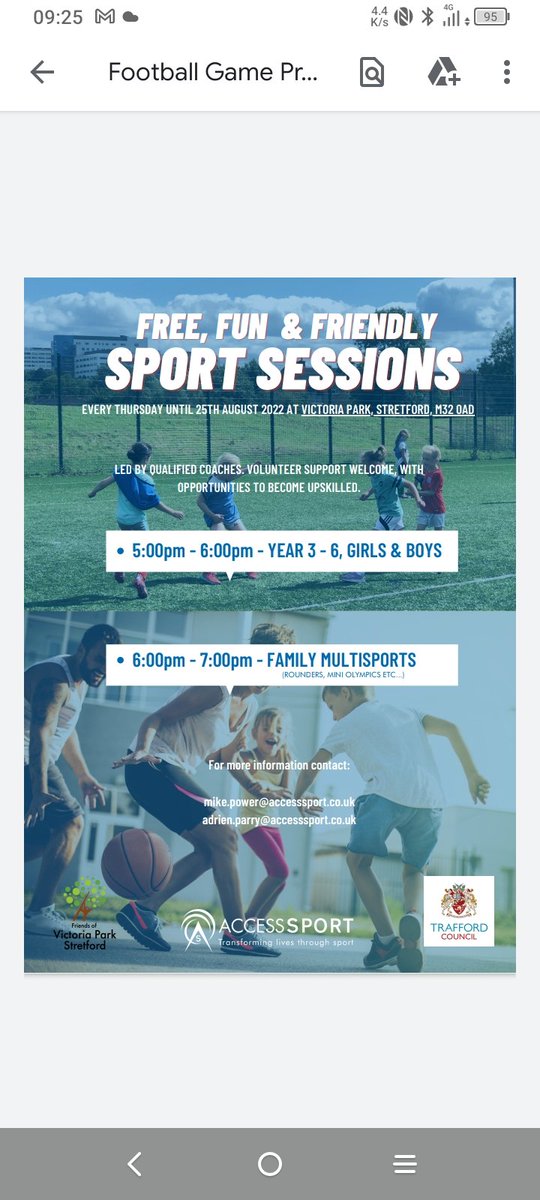 Our free football and family sports sessions continue tonight in Victoria Park.  <a href="/FOVPStretford/">Victoria Park M32</a> <a href="/victoriaparkjnr/">Victoria Park Junior School</a> <a href="/lostockhigh/">Lostock High School</a> <a href="/StretfordHigh/">Stretford High</a> <a href="/StretfordMarket/">Stretford Market</a> <a href="/TRFPetanque/">Trafford Pétanque</a> <a href="/TraffordCouncil/">Trafford Council</a> <a href="/TraffordSENDIAS/">Trafford SENDIASS</a> <a href="/promotetrafford/">Promoting Trafford</a> <a href="/StretfordM32/">StretfordM32</a> <a href="/StretfordTown/">Stretford Town Centre</a> @GMPstretford