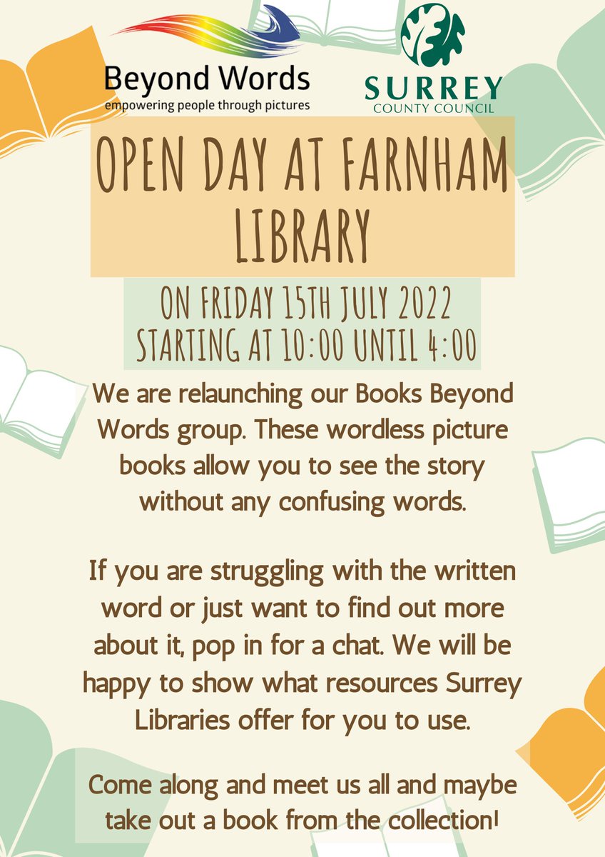 FarnhamLibrary's tweet photo. Our Books Beyond Words open day is tomorrow, 10am-4pm!

This for any adult who struggles with the written word. Come and see what we have to offer! 📚

#BooksBeyondWords https://t.co/gicdxH5CEw