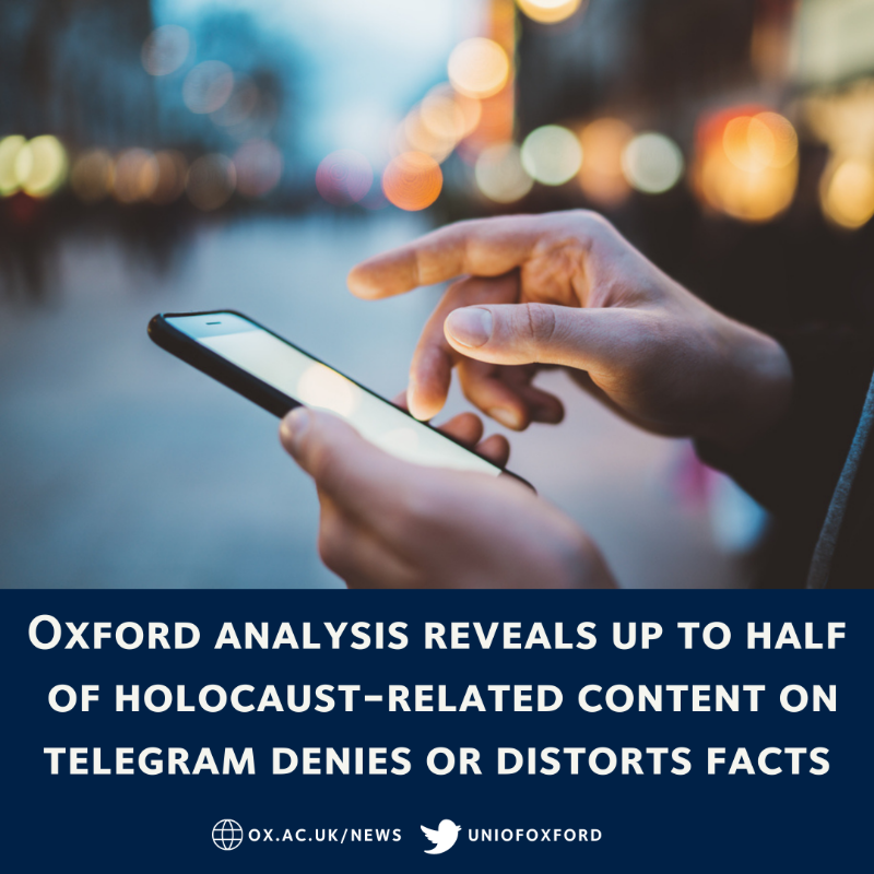 UniofOxford's tweet photo. NEW: Oxford analysis reveals Holocaust denial is present on all social media platforms with up to half the content on Telegram denying or distorting facts.

@oiioxford analysed nearly 4,000 posts related to the Holocaust on Facebook, Instagram, Telegram, TikTok &amp; Twitter.

🧵⬇️