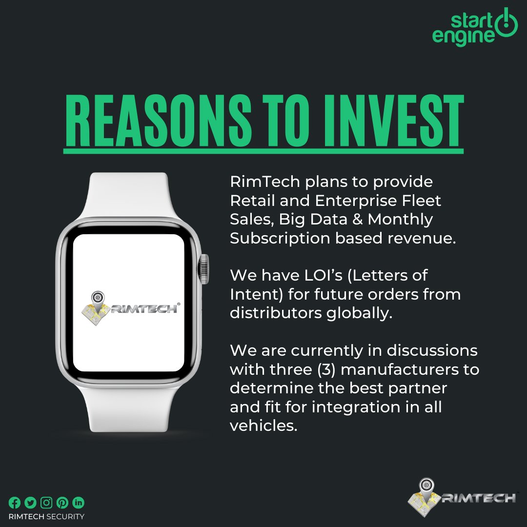 RimTechSecurity's tweet image. #RimTech plans to provide Retail and Enterprise Fleet Sales, Big Data & Monthly Subscription based #Revenue .
Our #funding #Campaign is now live!!!!
Visit - startengine.com/rimtech
