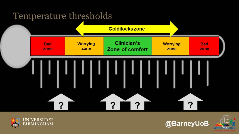 BarneyUoB's tweet photo. 1/ Sepsis and Temperature Thresholds! #WFPICCS22. As I wasn't aware my slides didn't share probably 🤦(sorry!) I thought I'd share here!! #PedsICU #tweetorial #MedEd 

Aiming for the #Goldilocks zone of temp management in children in sepsis. 1st what is normal temperature?! https://t.co/HGVXstmbKC