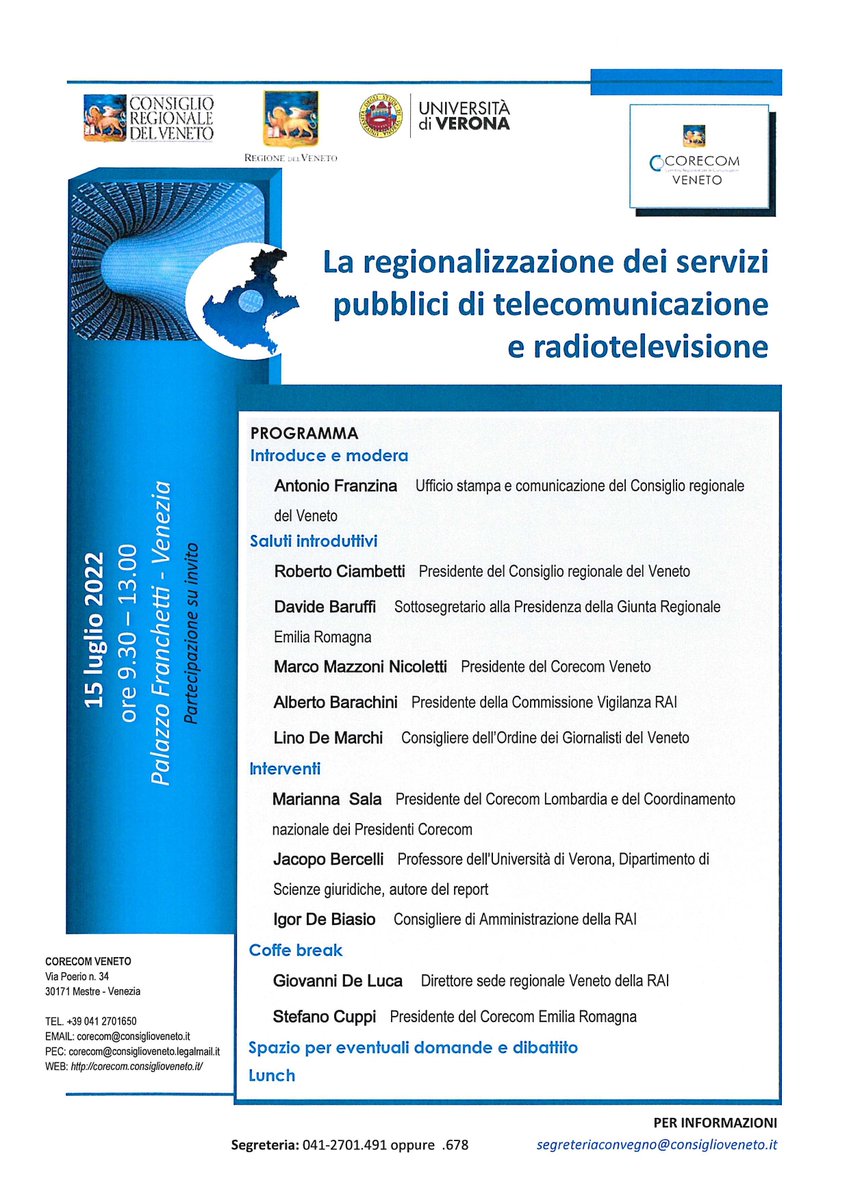 Consiglioveneto's tweet image. Presentazione del report del #CorecomVeneto e Università di Verona sulla regionalizzazione dei servizi di telecomunicazione e radiotelevisivi a #palazzofranchetti Venezia venerdì 15 luglio alle 9.30
bit.ly/3o4173k