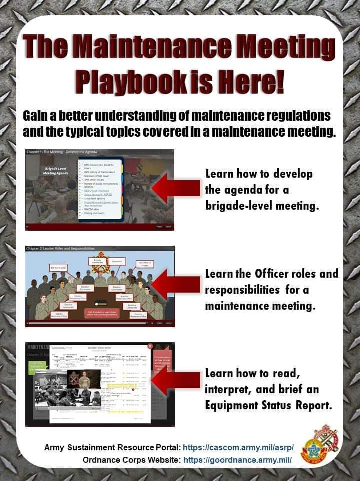 Have you checked out the Maintenance Meeting Playbook IMI? Visit the Army Sustainment Resource Portal to learn more! #GoOrdnance #ArmamentforPeace cascom.army.mil/asrp/od-tech.h…