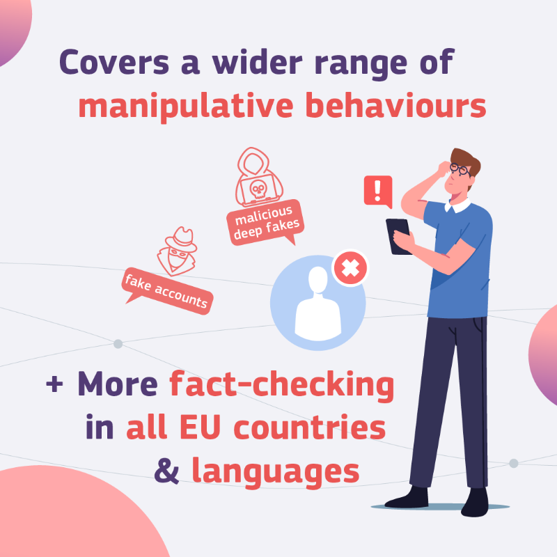 DigitalEU's tweet photo. Disinformation has no place in our online world. 

Here's how the strengthened #CodeOfPractice for #onlineplatforms aims to combat its spread: