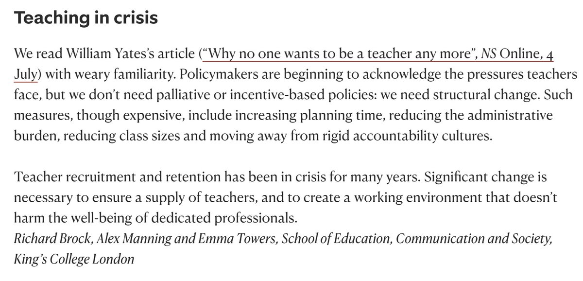 KingsECS's tweet photo. Based on their work on #teacher recruitment &amp; retention, @RBrockPhysics @EmmaMTowers &amp; Alex Manning have just commented in @NewStatesman on the #teaching crisis: 

"We don't need palliative or incentive-based policies: we need structural change."

https://t.co/IozOWXkx7S https://t.co/CuGwVLeqEw