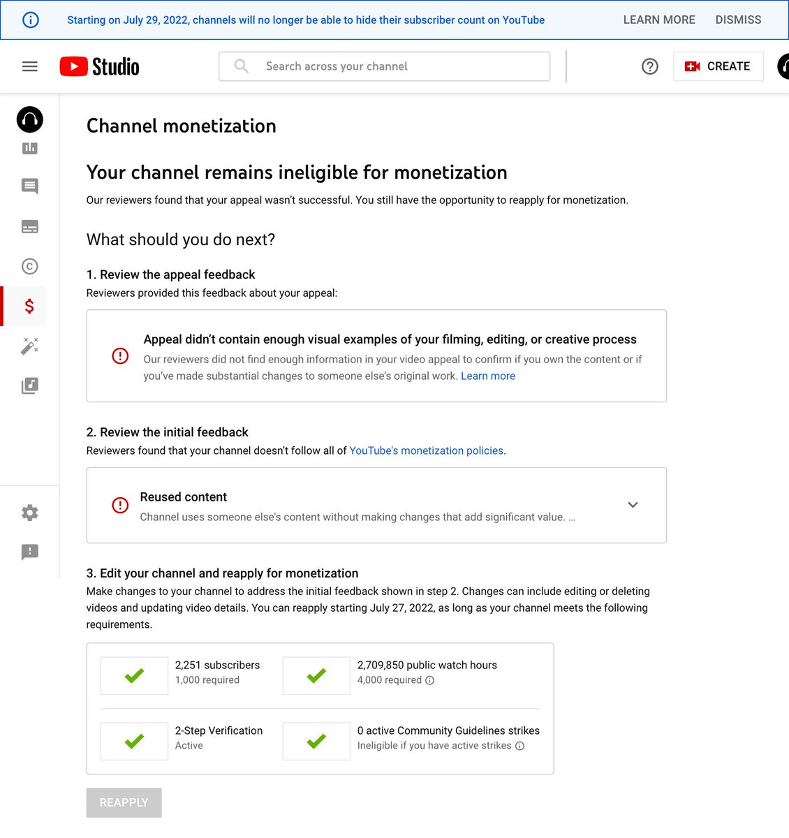 Bcro201's tweet photo. @TeamYouTube My channel is showing as "Reused content" and I cannot monetize it.
All the videos on my channel are made by me. I have reapplied many times but cannot monetize.
I am compliant with the guidelines.
Could you please confirm this? https://t.co/gvCpyoyIt6