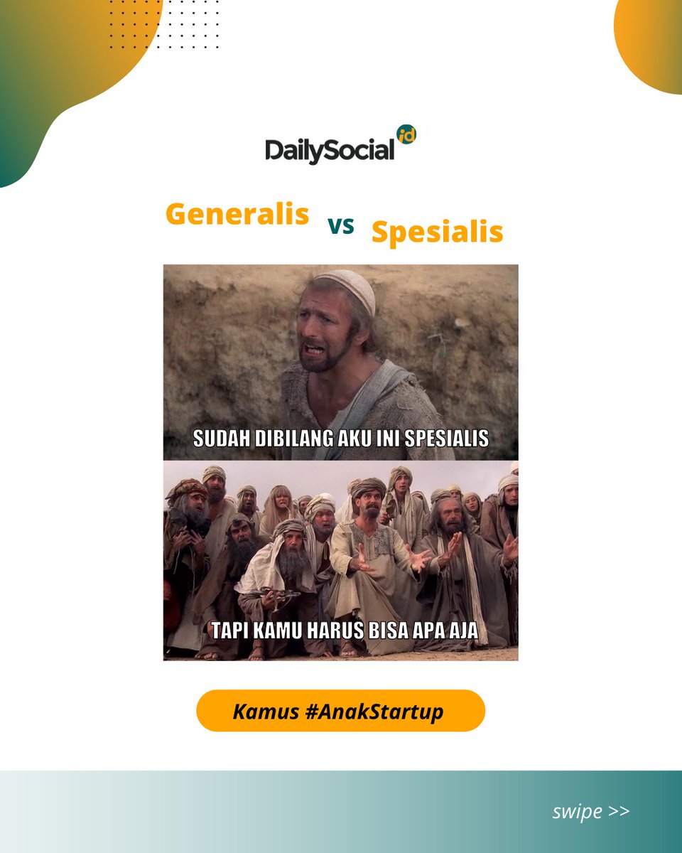 dailysocial's tweet photo. Nah, buat kamu yang masih kurang paham sama perbedaan di antara keduanya, yuk, langsung disimak aja penjelasannya di poster. Kira-kira kamu tim yang mana?
#Generalis #Spesialis #KamusStartup #DSStartup #StartupIsLife #StartupIndonesia https://t.co/CSre2ItXqA