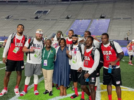 BirminghamParks's tweet photo. Shonae Eddins-Bennett, left, director of @BirminghamParks, and @cityofbhamal Councilor LaTonya Tate, District 9, stand with the legends of Team USA @NFLFLAG . The women (8 p.m. vs Mexico) and men (7 p.m. vs Italy) are headed to the ‘ship tonight at historic #LegionFieldStadium. https://t.co/ZyekXCSthC