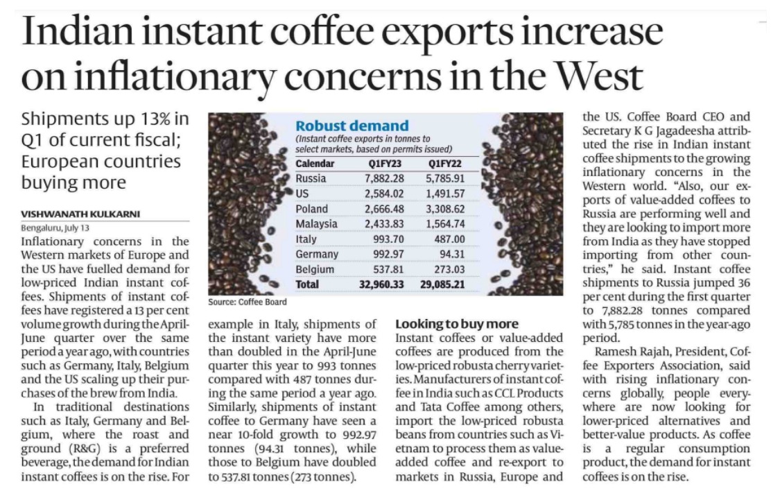 DoC_GoI's tweet photo. World wakes up to #IndianCoffee! ☕️
Instant Coffees have registered 1⃣3⃣% growth in exports in first quarter of FY23 over the same period last year.
#BeanstoBrew
https://t.co/fq5SDOeBix https://t.co/gBwC35PeRN