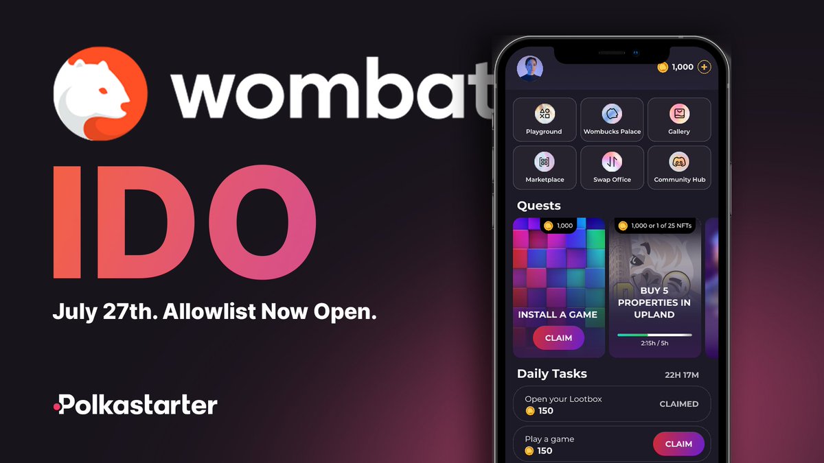 Polkastarter (@polkastarter) on Twitter photo <a href="/adoptwombat/">Wombat - powered by PlayMind</a> <a href="/AdrianKrion/">Adrian Krion</a> #7 - ποΈ <a href="/adoptwombat/">Wombat - powered by PlayMind</a> #IDO happens on July 27, 1 PM UTC
Chain #Polygon
Price: $0,006
Max allocation: $2000
You will need $USDC on Polygon to buy the token.
Vesting
β 25% on the sale date
β 25% per month over the next 3 months
Allowlist is now open π polkastarter.com/projects/wombat <a href="/adoptwombat/">Wombat - powered by PlayMind</a> <a href="/AdrianKrion/">Adrian Krion</a> #7 - ποΈ <a href="/adoptwombat/">Wombat - powered by PlayMind</a> #IDO happens on July 27, 1 PM UTC
Chain #Polygon
Price: $0,006
Max allocation: $2000
You will need $USDC on Polygon to buy the token.
Vesting
β 25% on the sale date
β 25% per month over the next 3 months
Allowlist is now open π polkastarter.com/projects/wombat