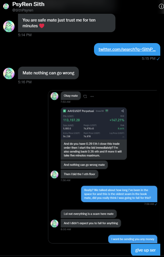 <a href="/SithPsyren/">PsyRen Sith</a> is a scammer that connects to a legit artwork collector's profile in his about section. Be careful! He's been socially engineering his moves the past 2-3 days and says wants to buy my Foundation works, and of course wants me to send his some ETH first b4 he buys em