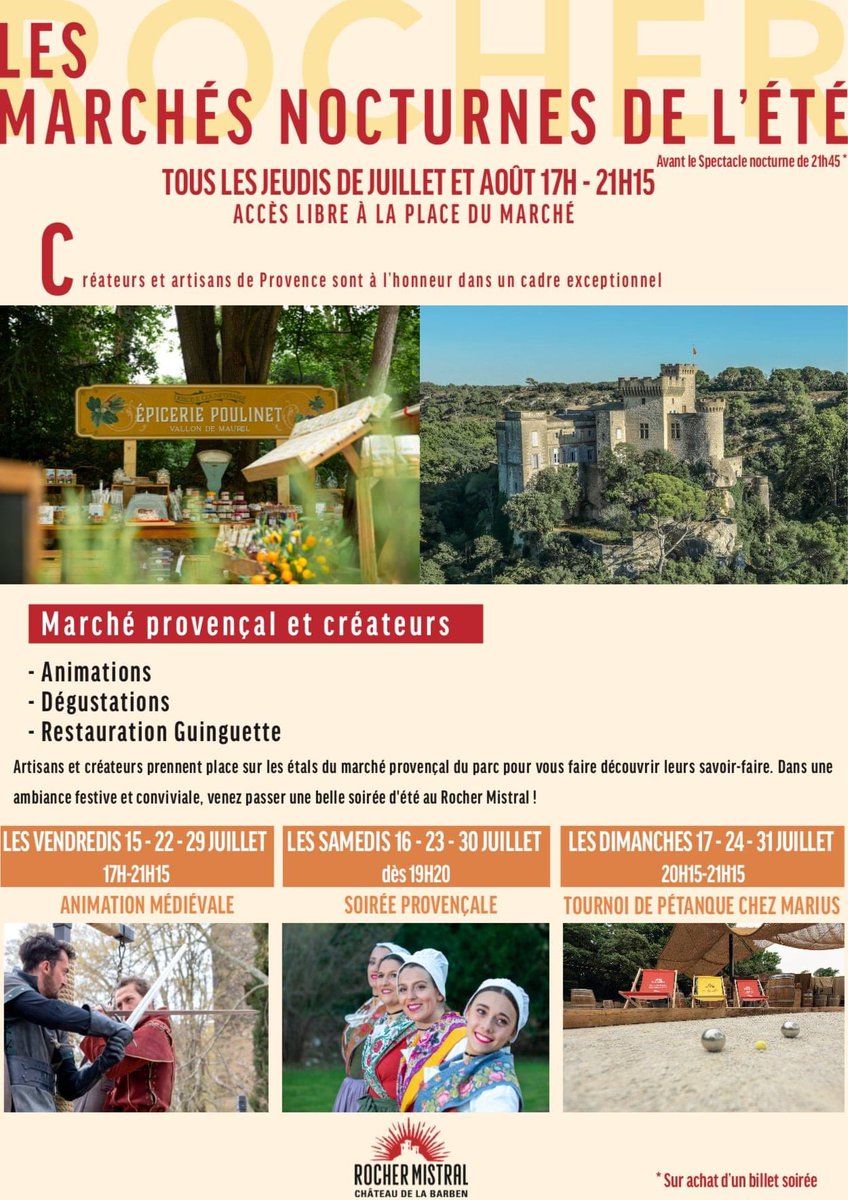 de_marse's tweet photo. La Fringale Provençale vous attend tous les jeudis de l’été à #RocherMistral au Marché Provençal, à La Barben. Culture, traditions et gastronomie ! https://t.co/p6wbOqvax3