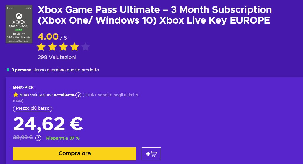 #Offerta #XboxGamePass Ultimate su #Eneba

#GamepassUltimate 3 Mesi a soli 24,62 euro 😋

#Promozione disponibile per pochissimo tempo, siate veloci e non perdetevi questo #sconto 🚀 

Link 👇👇👇
fas.st/HqozI

#Xbox #XboxSeriesX #XboxSeriesS #PC 
#XBOXCLOUDGAMING