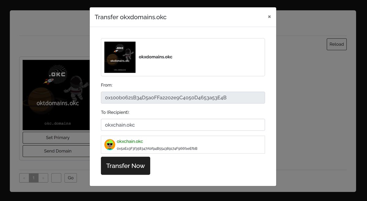 We’re happy to announce that "Transfer Domain" is available at okc.domains/app. You can transfer your .okc domain just by entering your wallet address or domain name in the recipient box. Simple &amp; fast &amp; forget about 3rd wallets 🔥🔥<a href="/OKCNetwork/">OKT Chain ⚛🕸</a> #OKXchain  #OKC #OKT #ENS