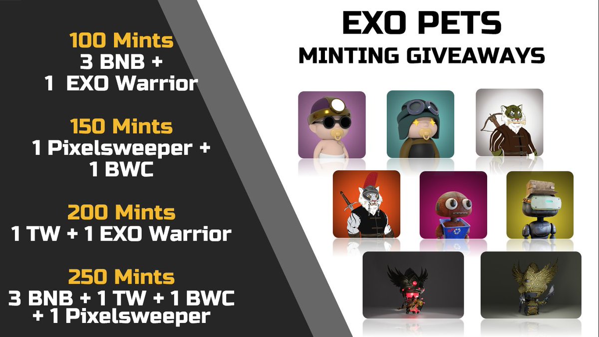 devanshu1986's tweet photo. The BIG #EXOPets reveal was indeed very interesting ! 📢

The community and holders are blown away by the amazing 3D art 🔥🔥

Mint an #EXOPet now - https://t.co/is2dVcMk5g 🚀🚀

Minting REWARDS at major milestones 🏆🏆

#ProjectExo #BinanceNFT #NFT
#bnbchain #NFTCommunity #BNB https://t.co/DDWuWBsuuR