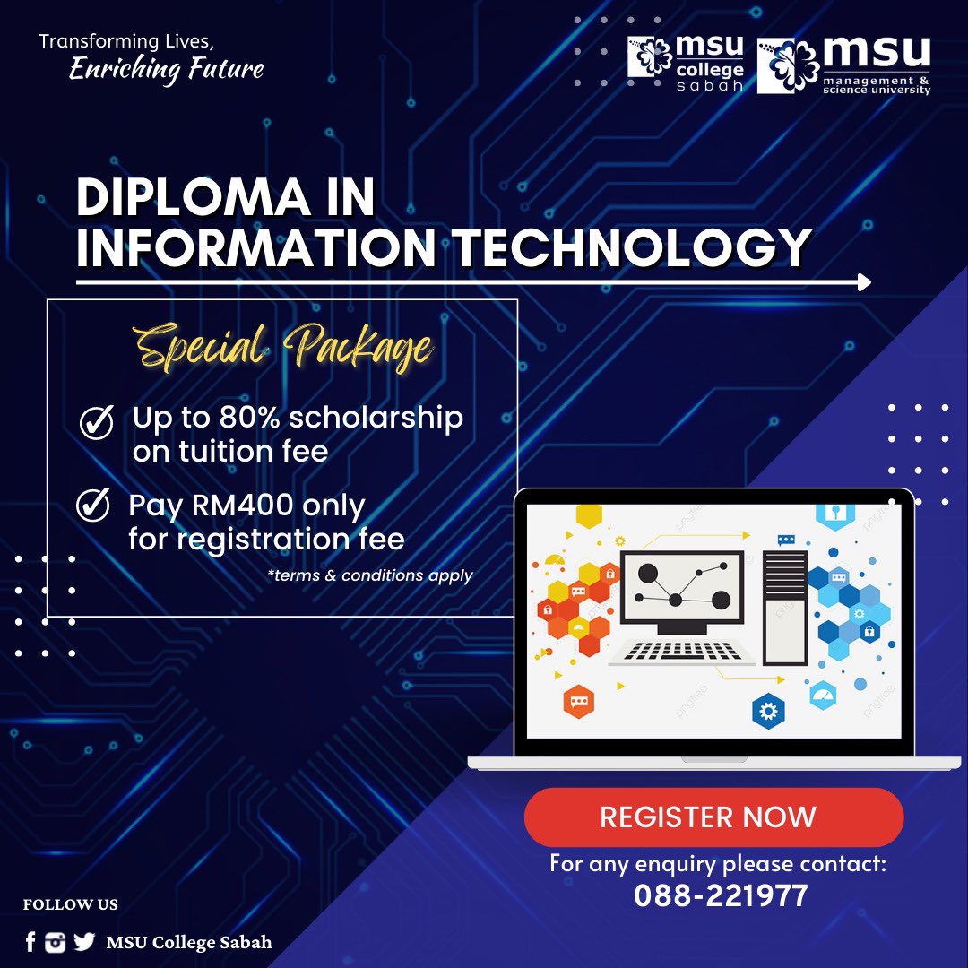 Interested in Diploma in Information Technology at #msucollegesabah
#MSUmalaysia
Click link application: bit.ly/3c5tVp7
#msucollegesabah
#msumalaysia
#enrol2msu
#spm
#stpm