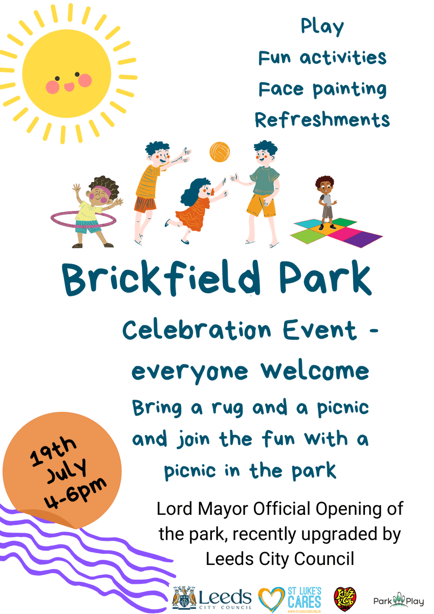 To celebrate the first phase of recent improvements, community partners such as @KidzKlubLeeds, @stlukes_cares, local residents and @LeedsCC_News are holding a community led opening of Brickfield Park on Lady Pit Lane, Beeston Hill. Everyone is welcome.