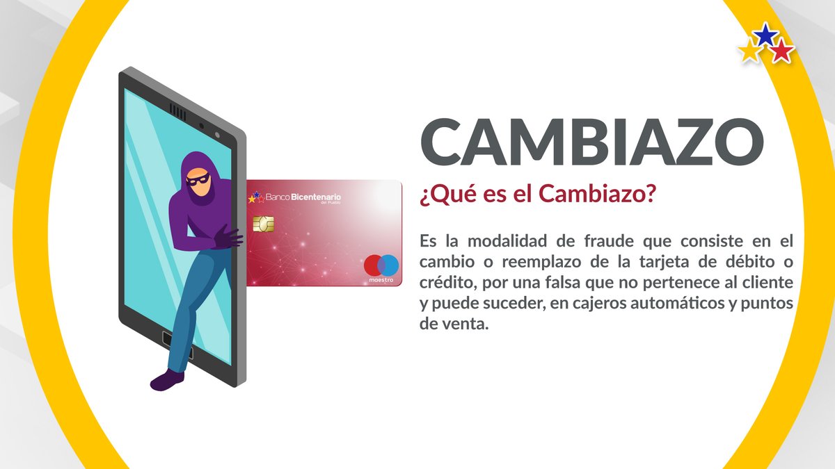 BDT_VE's tweet photo. ¡No pierdas de vista tu tarjeta! 💳

Ten en cuenta que existe una modalidad de fraude llamada "Cambiazo", la cual consiste en el cambio o reemplazo de la tarjeta de débito o crédito por una falsa. https://t.co/HmtpGMeylH