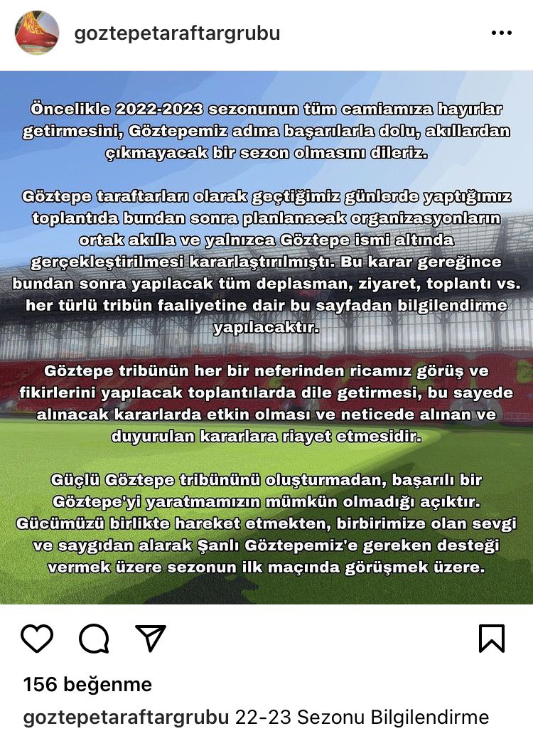 ForzaGoztpe1925's tweet photo. Geçtiğimiz günlerde gerçekleştirilen toplantıda alınan karar gereğince bundan sonra yapılacak tüm deplasman, ziyaret, toplantı vs. her türlü tribün faaliyetine dair bilgilendirme "Göztepe Taraftar Grubu" sayfasından yapılacaktır. 

https://t.co/eEq8I3qhUw https://t.co/U8yFiyxV72