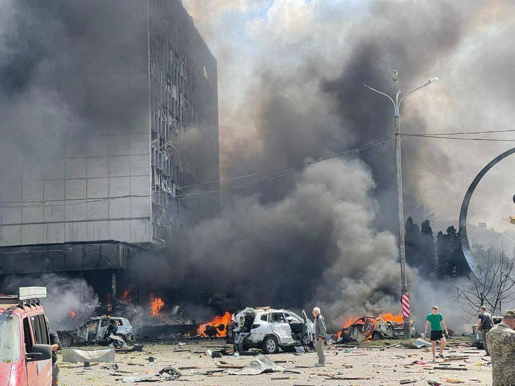 Rockets, dead people, the center of the city, and the building where people work is on fire. It's not about 9/11; it's about every day in Ukraine. But guess what, Russia still hasn't been admitted as a terrorist state. #russiaisaterrorisstate