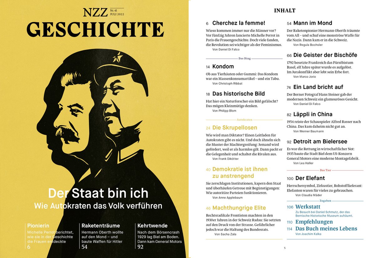 <a href="/NZZGeschichte/">NZZ Geschichte</a> 41 ist da. Sind die #Demokratien gefährdet? #FrankDikötter, @AnneApplebaum und <a href="/SachaZala/">Sacha Zala</a> erklären den Erfolg von #Autokraten. Zudem: wie der US-Konzern <a href="/GM/">General Motors</a> #Biel rettete, #HDLäppli im Kalten Krieg und #MichellePerrot, Pionierin der #Frauengeschichte. <a href="/NZZ/">NZZ</a> <a href="/NZZaS/">NZZ am Sonntag</a>