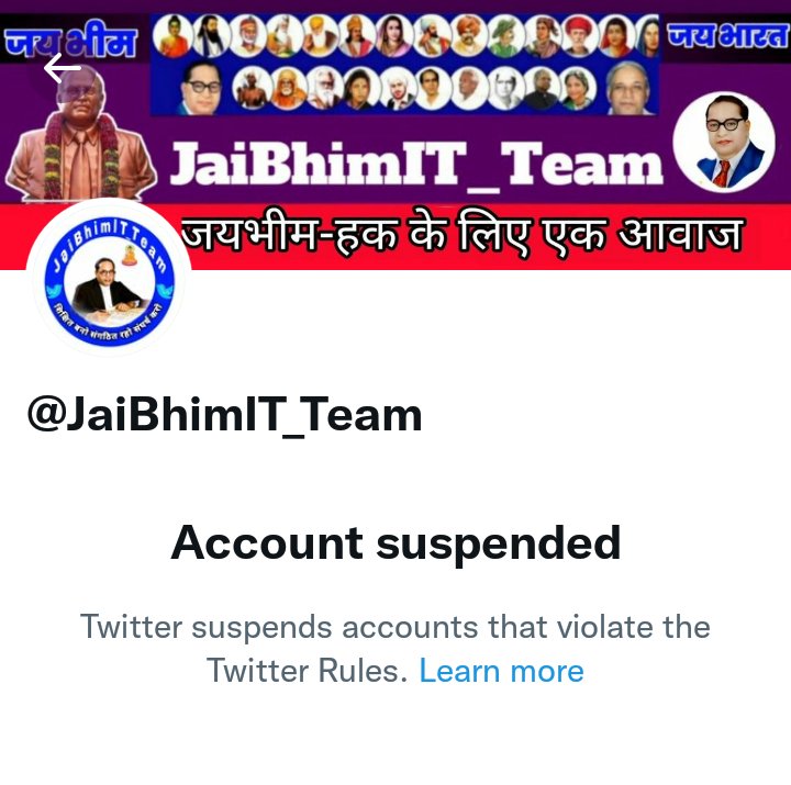 I sport this hashtag 
#Unsuspend_JaiBhimIT_Team 
#Unsuspend_JaiBhimIT_Team 
#Unsuspend_JaiBhimIT_Team #Unsuspend_JaiBhimIT_Team 

@TwitterSupport 
@TwitterIndia 
@TheJonyVerma