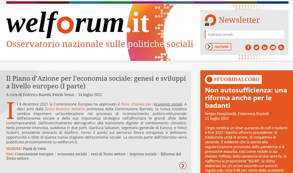 È stato un vero piacere poter intervistare, con <a href="/PatrikVesan/">Patrik Vesan</a>, <a href="/gsalvatori/">gianluca salvatori</a> e Felice Scalvini su genesi, sviluppi e ricadute del Piano d'Azione europeo per l'#economiasociale #SEAP. Oggi su <a href="/welforum/">welforum.it</a> la prima parte della nostra conversazione 
👇👇👇
welforum.it/punto-di-vista…