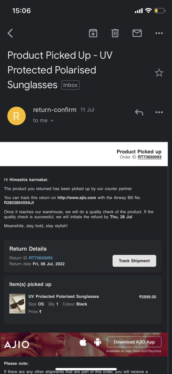 zulu00's tweet photo. #ajiofraud #ajioscam my account got blocked without notice. I called for the refund for the return pickup RT73650093. The CS said they don’t have any history. #Ajio scamming customers @consumercourtt @consumercourtin @jagograhakjago 
Policy doesn’t mention the max no. of return. https://t.co/9nToALbDJN