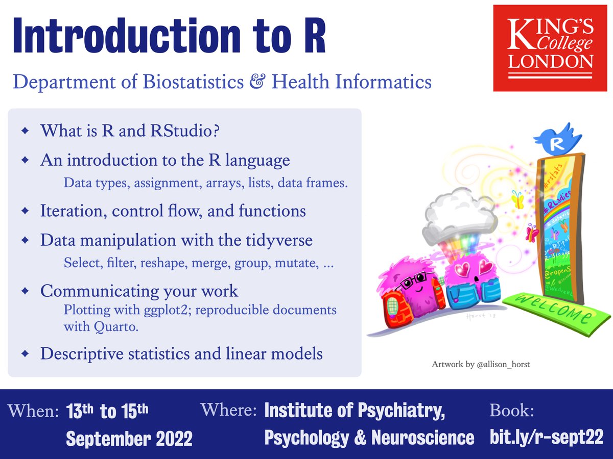 Come and learn R with us! 🧑‍🏫📊🥳

We're running our 3-day "Introduction to R" #rstats course in September at the Denmark Hill campus.

This is a complete introduction, from 😵‍💫🤷 to 😍🙌.

🗓️ 13-15th September
🎟️ Book a place: bit.ly/r-sept22
👋 Feel free to ask questions