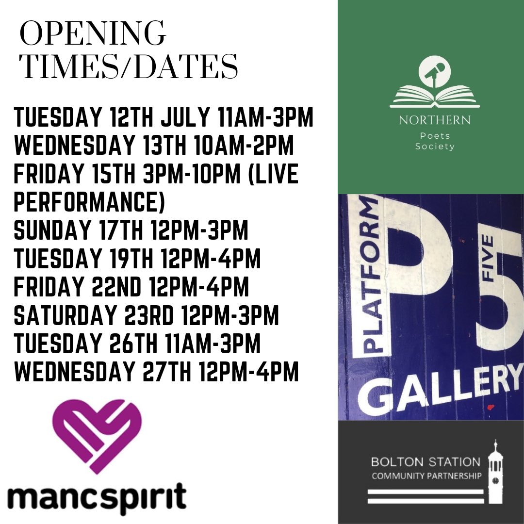 Northern Poets Society has selected some of the best talent from Bolton &amp; the North West to display poetry accompanied by original art work as part of a ‘Poetry In Motion’ exhibition. 

Poets will perform during a live event on the 15th July - 6pm. Free for all to come along!
