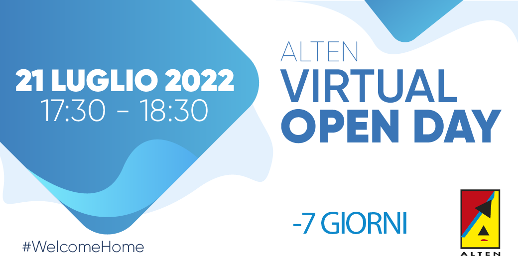 Manca sempre meno all'ALTEN Virtual Open Day 📅

Iscriviti a all'incontro online gratuito e inizia a costruire il tuo futuro con noi.
Non vediamo l'ora di conoscerti! 😎

Per partecipare segui questo link --> bit.ly/3nxPXTW