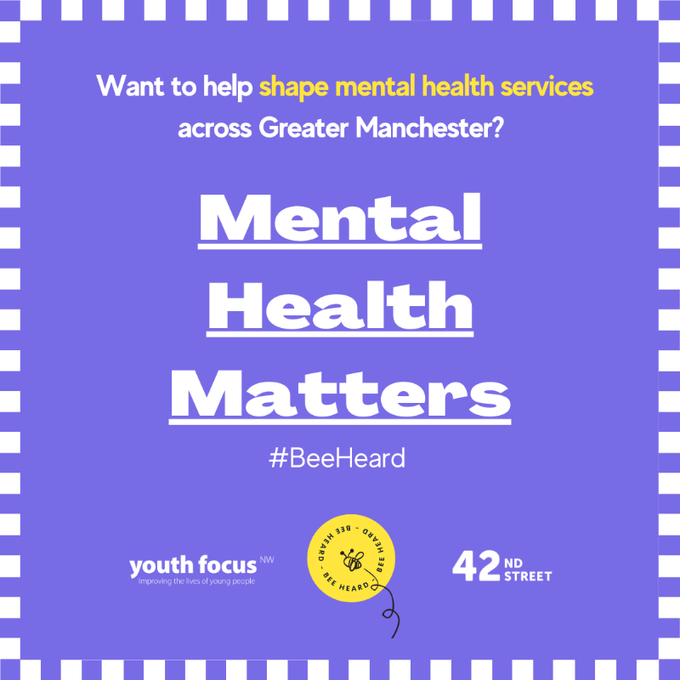 42ndStreetmcr's tweet photo. BEE HEARD ๐ฃ
Aged 16-25 and working with a youth organisation in Greater Manchester?
We've partnered with
@YouthFocusNW to ensure youth voice is heard and represented within mental health services. Find out how you and your organisation can get involved ๐ #BeeHeard https://t.co/WKSXGfyYnN