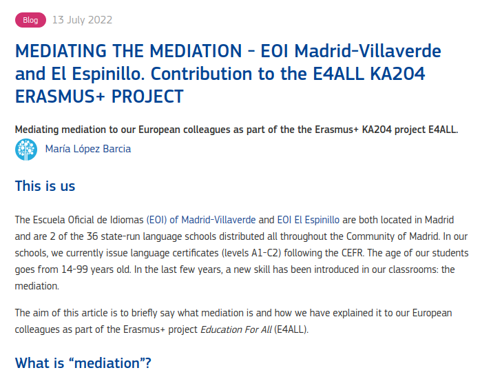 eoivillaverde's tweet photo. Nuestro equipo Erasmus acaba de publicar un artículo en EPALE sobre Mediación. Compartiendo nuestra experiencia en Mediación Lingüistica con nuestros socios de #E4ALL. Aprendizaje intergeneracional e inclusivo. @sepiegob @IheoEoip @alcalaidiomas 
https://t.co/puVF6CE5EG https://t.co/Xq6i52C3Z6