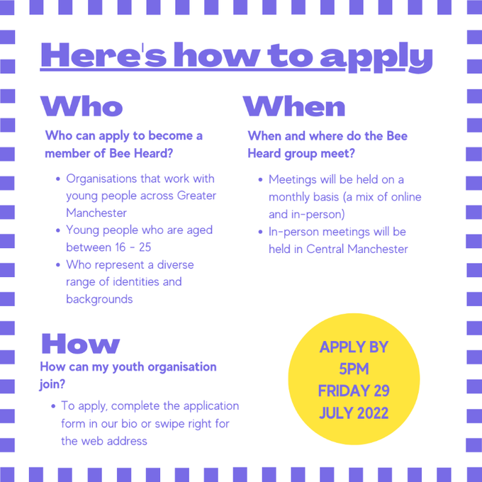 42ndStreetmcr's tweet photo. BEE HEARD ๐ฃ
Aged 16-25 and working with a youth organisation in Greater Manchester?
We've partnered with
@YouthFocusNW to ensure youth voice is heard and represented within mental health services. Find out how you and your organisation can get involved ๐ #BeeHeard https://t.co/n9rcgdjnkx