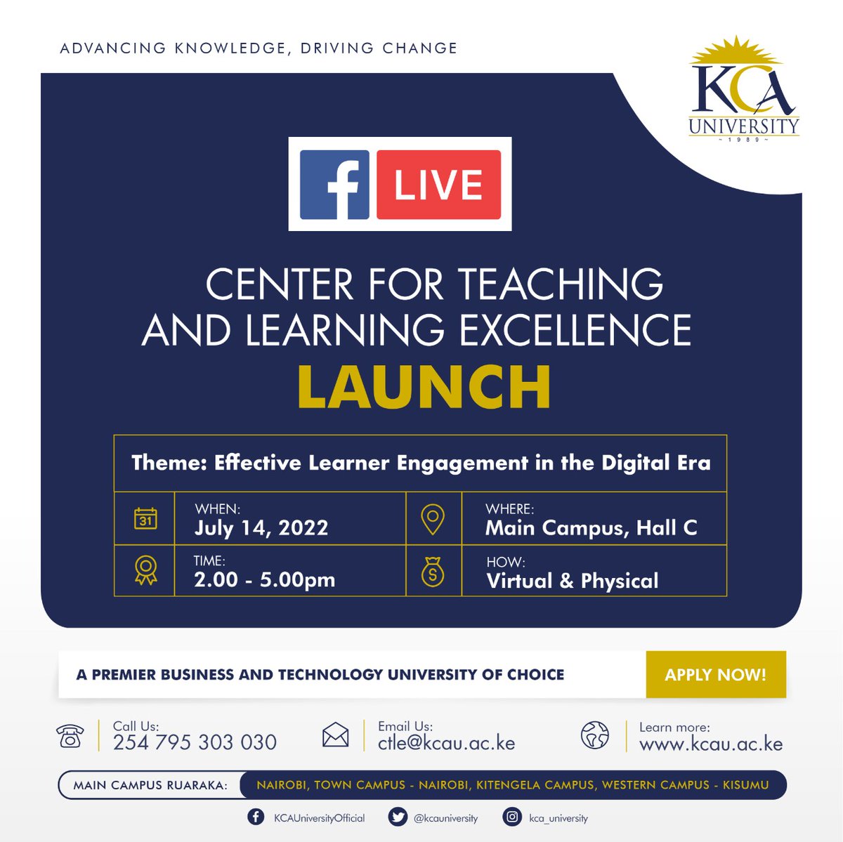 Hawvan2's tweet image. It's today! We can't wait to unveil the KCA University Center for Teaching &amp;amp; Learning Excellence. The event will be happening at our Main Campus in Ruaraka and will be streamed LIVE on our Facebook Page. #CTLELaunchAtKCAU #JoinKCAUniversity

bit.ly/3c1S6EY