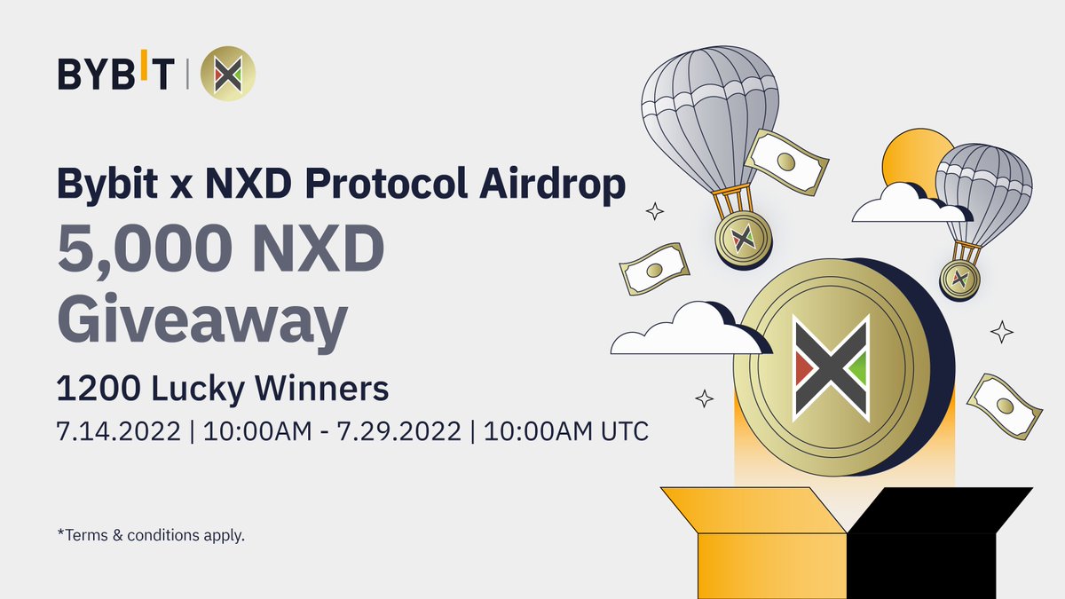 Bybit_Official's tweet image. 🔥 Bybit X NXD Airdrop!

1️⃣ Follow @Bybit_Official &amp;amp; @Nexus_Dubai
2️⃣ Join Bybit &amp;amp; NXD TG groups
3️⃣ RT + Tag 3 Friends

🤑 1,200 lucky winners will share a 5,000 $NXD prize pool!
⏰ Enter by July 29, 2022 10AM UTC
👉 Join now: go.bybit.com/e/yMEayG8VDrb