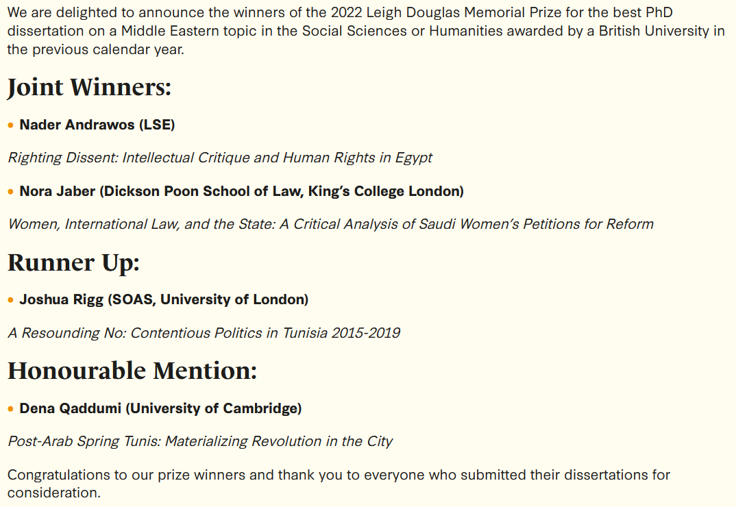 Huge congratulations to the winners of the 2022 Leigh Douglas Memorial Prize: 
Joint winners: Nader Andrawos <a href="/AndrawosNader/">Nader Andrawos</a> and Nora Jaber @noraj27
Runner Up: Joshua Rigg <a href="/JoshuaRigg4/">Joshua Rigg</a> 
Honourable Mention: Dena Qaddumi <a href="/denaqaddumi/">Dena Qaddumi</a> 
Read more: brismes.ac.uk/awards/ldmp (1/3)