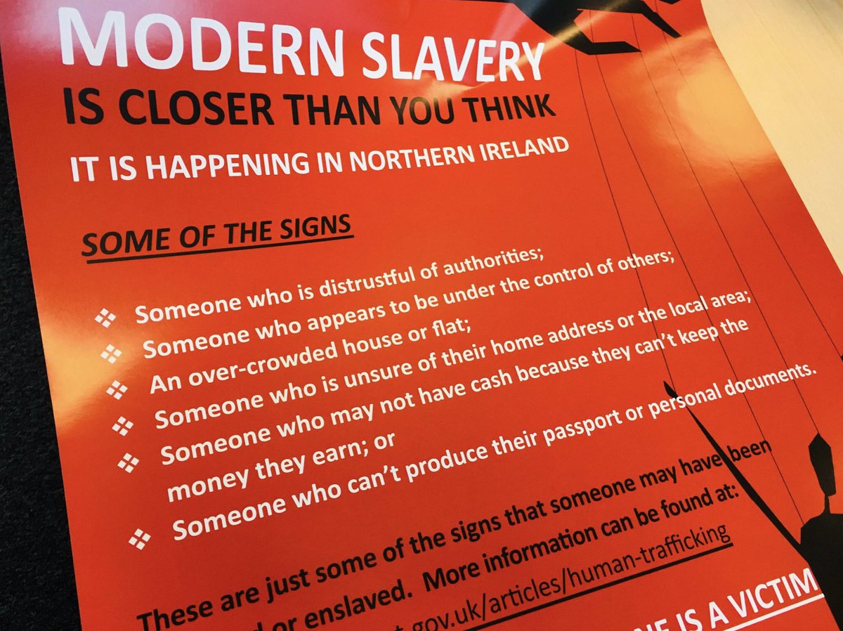 Would you know how to spot the signs of #ModernSlavery? 

You can visit <a href="/nidirect/">nidirect</a> for info &amp; advice bit.ly/ModernSlaveryHT

If you have concerns about someone:
☎️999 in case of an emergency, 
☎️101 to report a general situation, 
☎️0800 0121 700 for the Modern Slavery Helpline