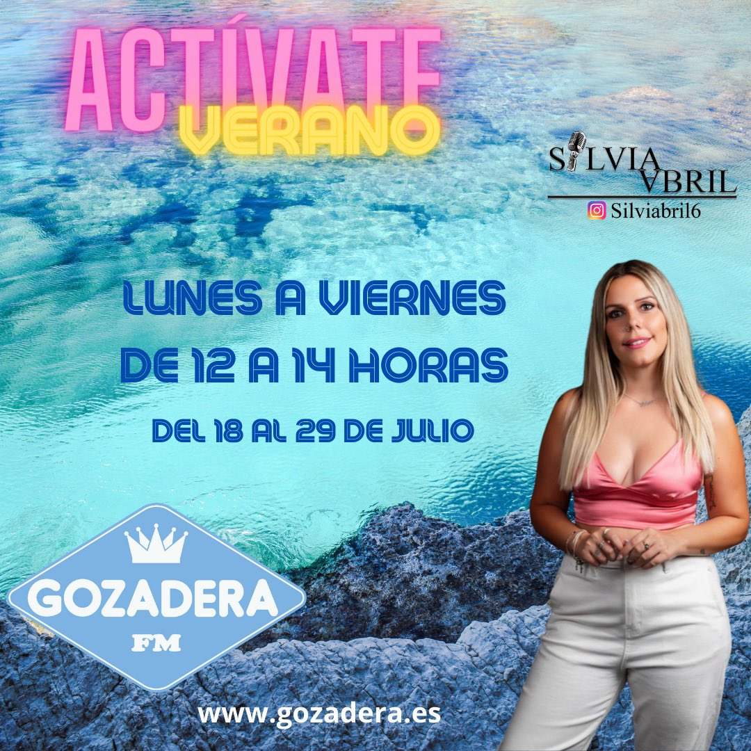 ACTÍVATE VERANO.
A partir del lunes, día 18 de julio y hasta el 29 de julio, estaré en el horario de 12 a 14 horas.
De lunes a viernes.
Os esperamos como siempre en directo, desde la FM de tu ciudad, desde nuestra App o web: gozadera.es
#gozadera #silviabril