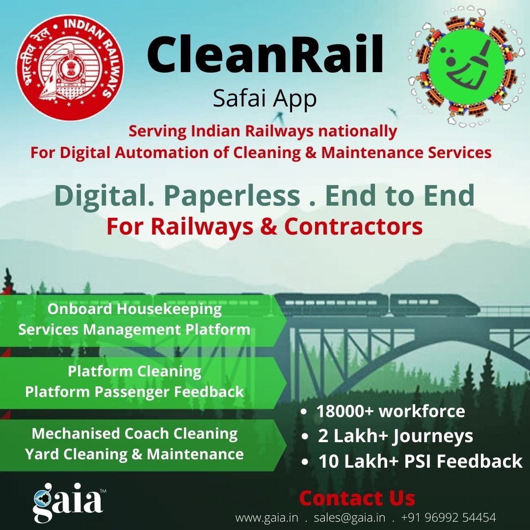 GaiaDotin's tweet photo. @CleanRail🚂 One stop solution for digital automation of cleaning &amp; maintenance service in Indian trains.
Paperless &amp; End to End solution for railway authorities in OBHS. @DRMJodhpurNWR @RailMinIndia 
#IndianRailways #Workforce #CleanTrains #PassengerFeedback #SwachhBharat https://t.co/fxDMINifIW