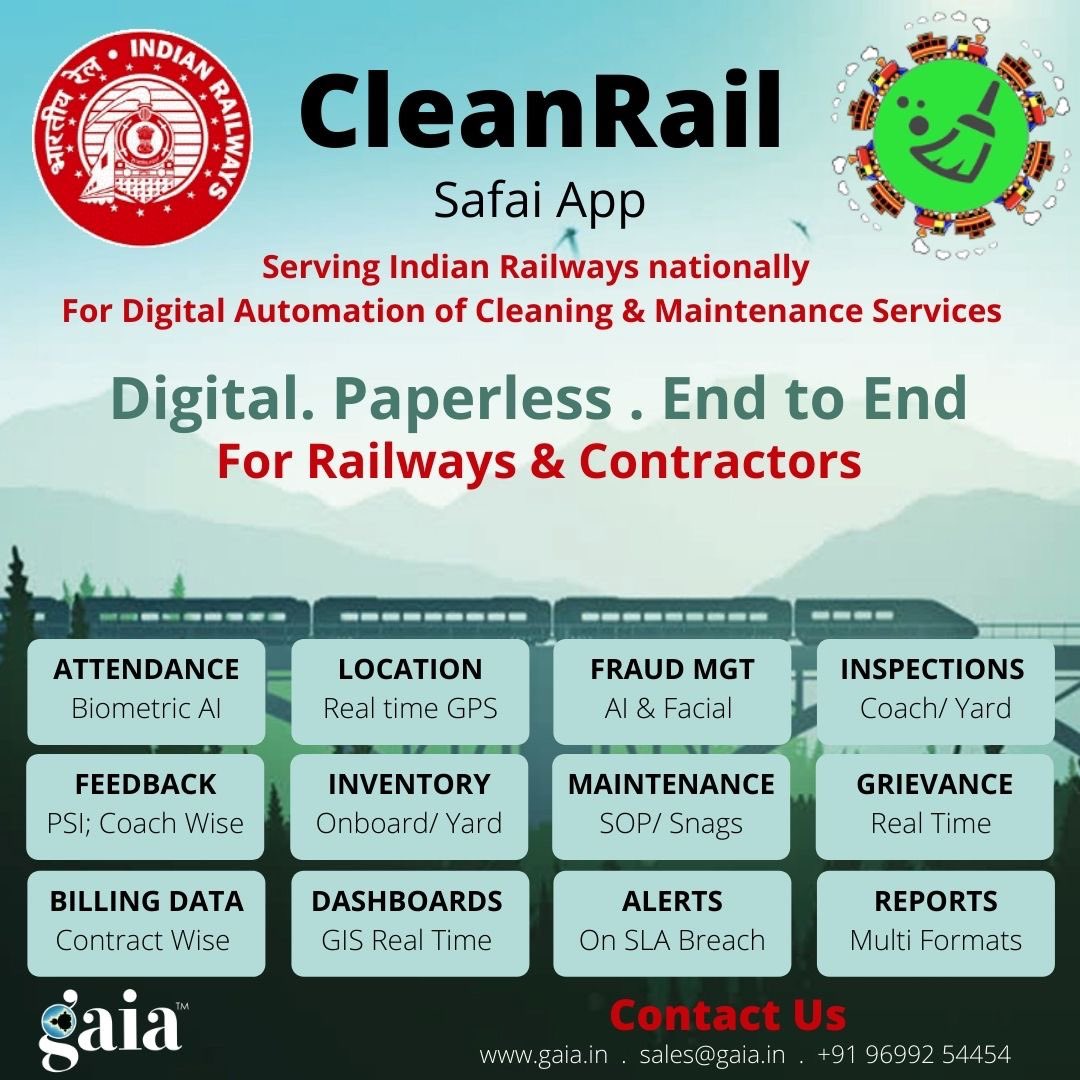 <a href="/CleanRail/">CleanRail</a>🚂 One stop solution for digital automation of cleaning &amp; maintenance service in Indian trains.
Paperless &amp; End to End solution for railway authorities in OBHS. <a href="/drmkota/">DRM KOTA</a> <a href="/RailMinIndia/">Ministry of Railways</a> 
#IndianRailways #Workforce #eDrishti #CleanTrains #PassengerFeedback #SwachhBharat