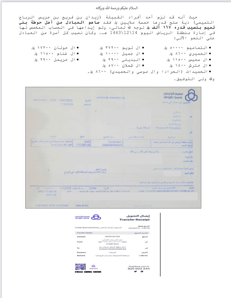 alabadel's tweet photo. مساهمة أسر العبادل .. 
مبلغ مئة وسبعة وستون  ألف ريال .. 

في عتق رقبة زيدان التميمي .. 
اسال الله ان يفرج همه ويرجعه لوالديه .. 

#زيدان_التميمي_ينخى_بنى_عمه 
  #بني_تميم #العبادل 
#عتق_رقبة_زيدان_التميمي https://t.co/6PqTkZ2gUo