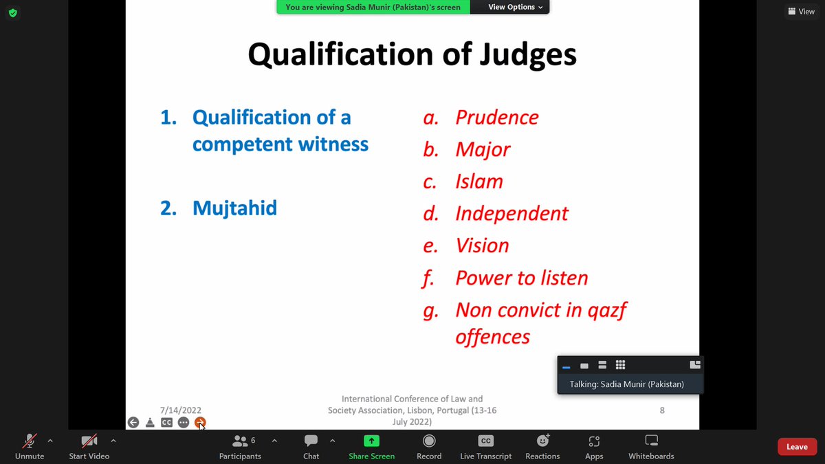 .@law_soc always offers probative global perspectives. Listening to Sadia Munir's excellent presentation on women judges in Pakistan. Characteristics to appoint judges under Sharia law include the 'power to listen.' Worth reflecting on in appointing judges in global west #LSA2022